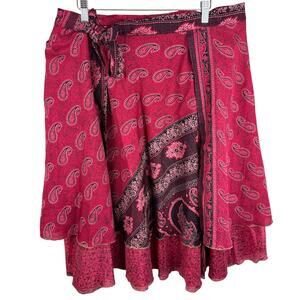 Earthbound Trading Co. 100% Silk Red Paisley Layered Midi Wrap Skirt One Size